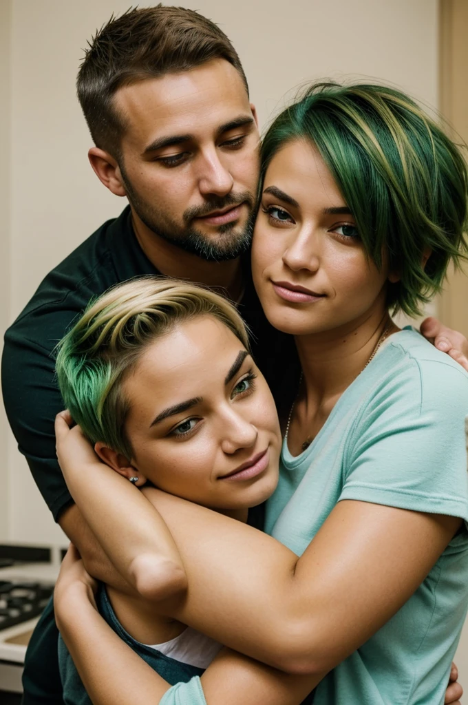 20-year-old woman with short green hair and green eyes hugging her partner, a 37-year-old man with light skin and blonde hair, short beard and tired look