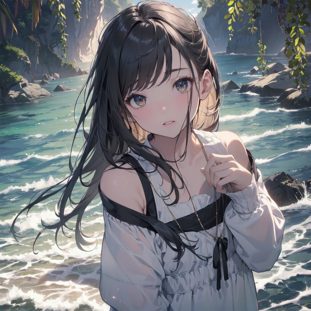 (Highest quality、masterpiece、High resolution、8k)、Vibrant colors、1 female、Long black hair、whole body、barefoot、thin、(Detailed face、Beautiful Eyes、Beautiful Nose、Pretty lips)、A woman in a white dress jumps high、Official Art、The background is the sea、blue sky、Wide sandy beach、Wide forest、