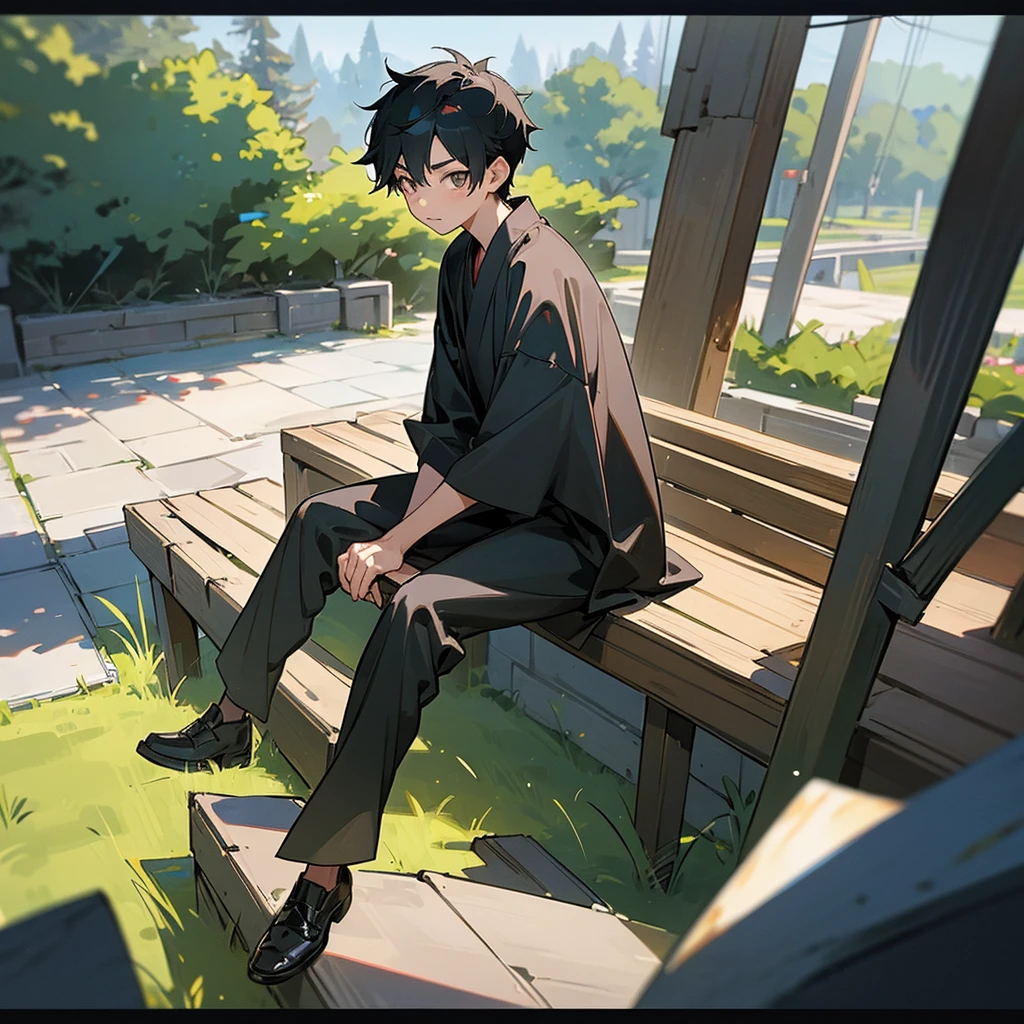 Boy between and 17thin with straight black hair, typical asian. Big, dark eyes. He is in a relaxed pose sitting on a bench. He holds a piece of bread that has a bitten slice. He is chewing a slice of bread. Background, a typical interior landscape. He is looking at the camera with a surprised look, but light. The camera would be the perspective of the illustrated image.
