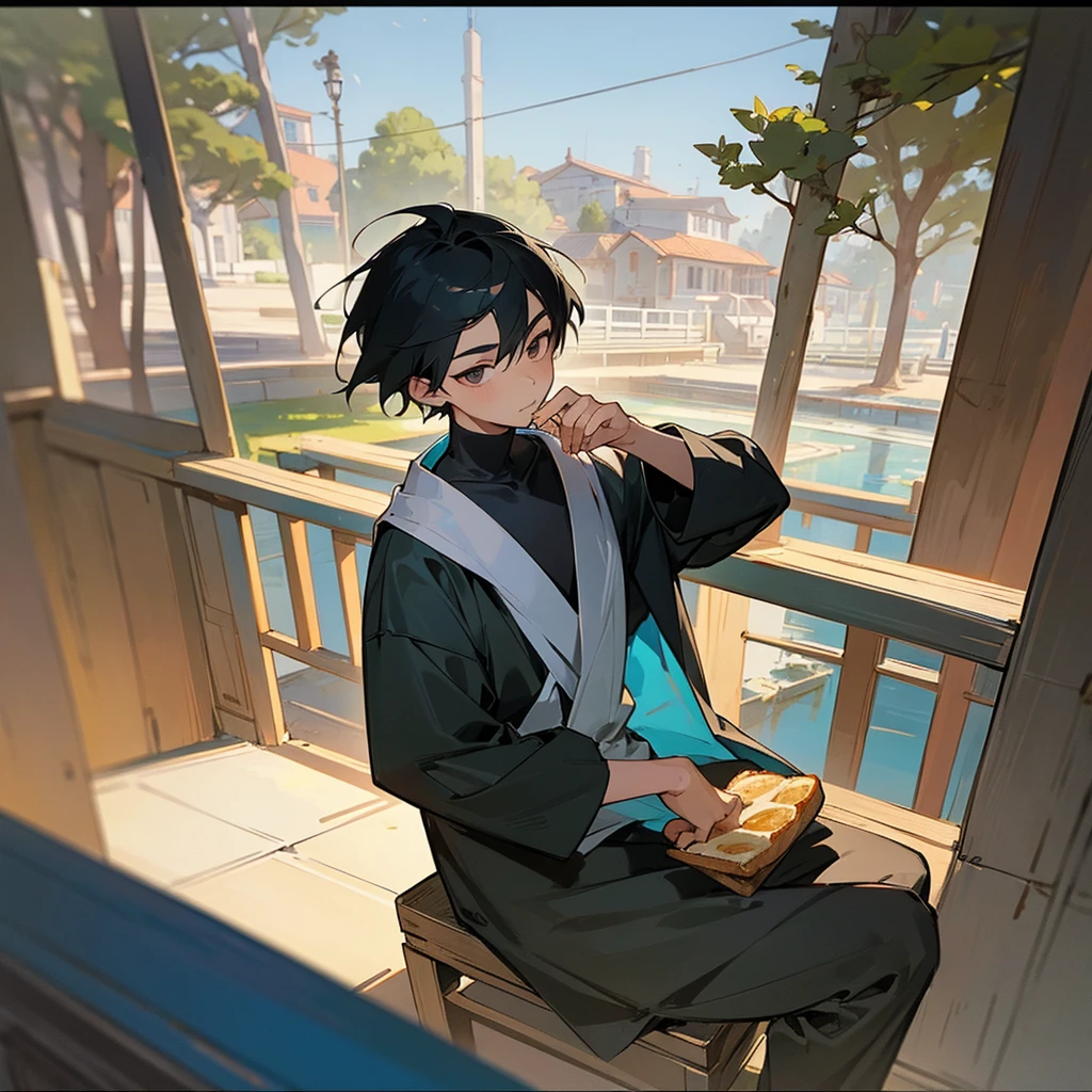 Boy between 16 and 17 years old, thin with straight black hair, typical asian. Big, dark eyes. He is in a relaxed pose sitting on a bench. He holds a piece of bread that has a bitten slice. He is chewing a slice of bread. Background, a typical interior landscape. He is looking at the camera with a surprised look, but light. The camera would be the perspective of the illustrated image.
