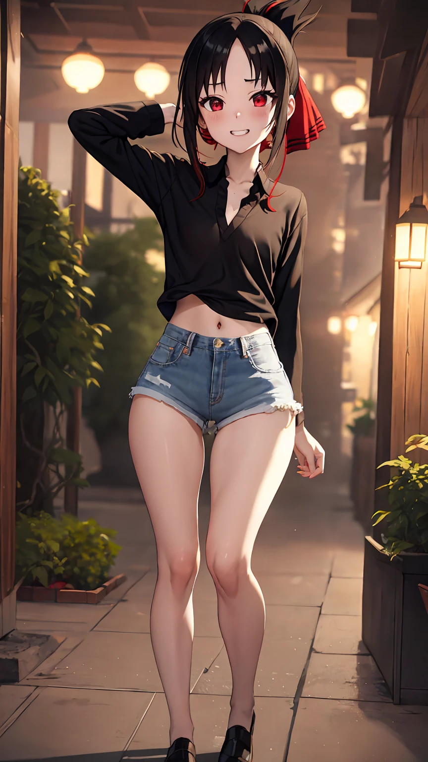 [shinomiya kaguya, red eyes, black hair, hair ribbon, folded ponytail, ((black shirt))], 1girl, anime girl, anime, girl, 2d girl, y, (fullbody), grin, blush, Solo, Slim, small breasts, flat chest, sfw, cowboy shot, Tight Shorts, low waist shorts, upshorts, outdoors, night background, looking at viewer, darker shadows, (((shorts))), (((thigh gap))), (((lowleg shorts))),