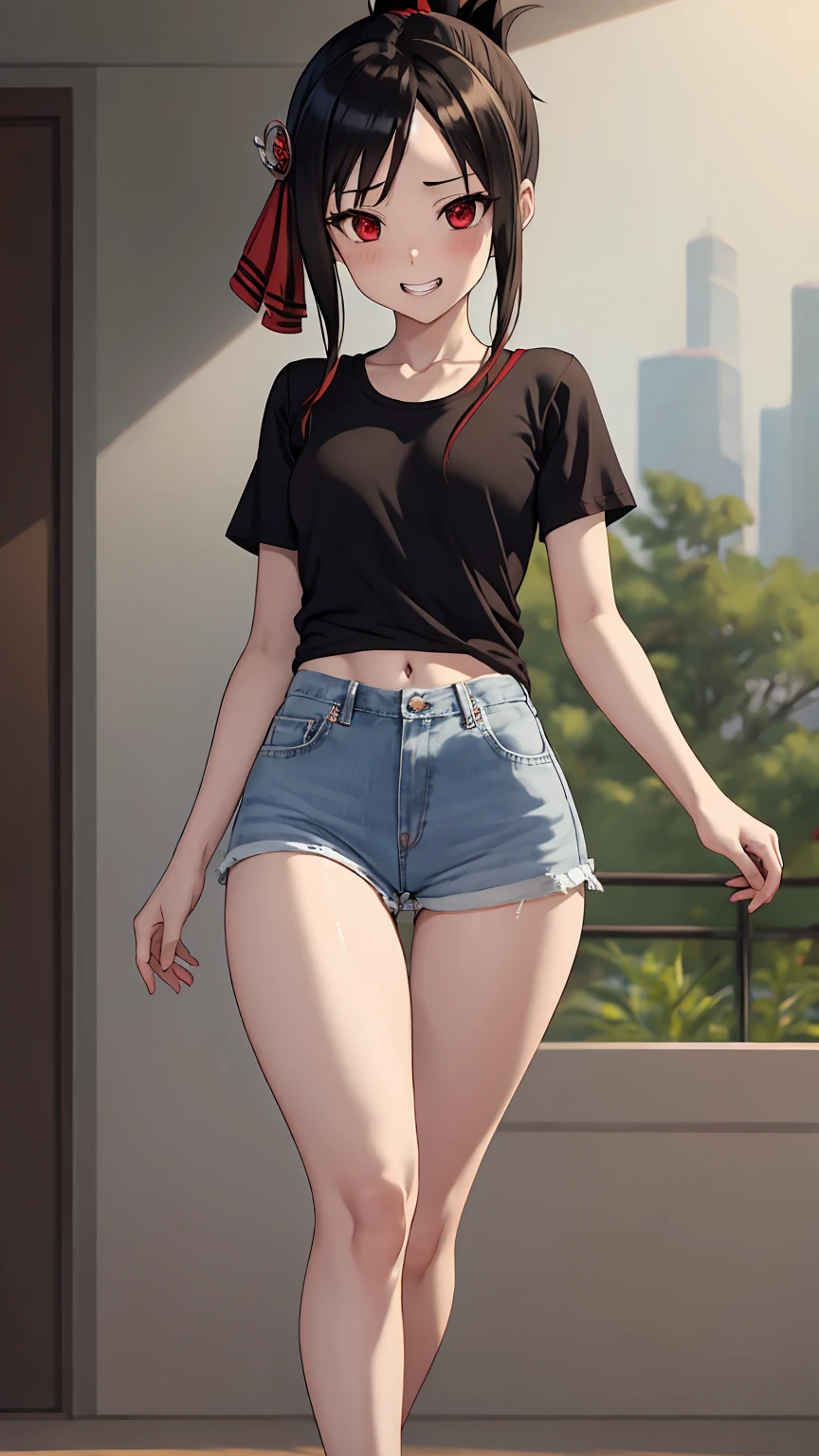 [shinomiya kaguya, red eyes, black hair, hair ribbon, folded ponytail, ((black shirt))], 1girl, anime girl, anime, girl, 2d girl, 16y, (fullbody), grin, blush, Solo, Slim, small breasts, flat chest, sfw, cowboy shot, Tight Shorts, low waist shorts, upshorts, outdoors, night background, looking at viewer, darker shadows, (((shorts))), (((thigh gap))), (((lowleg shorts))),