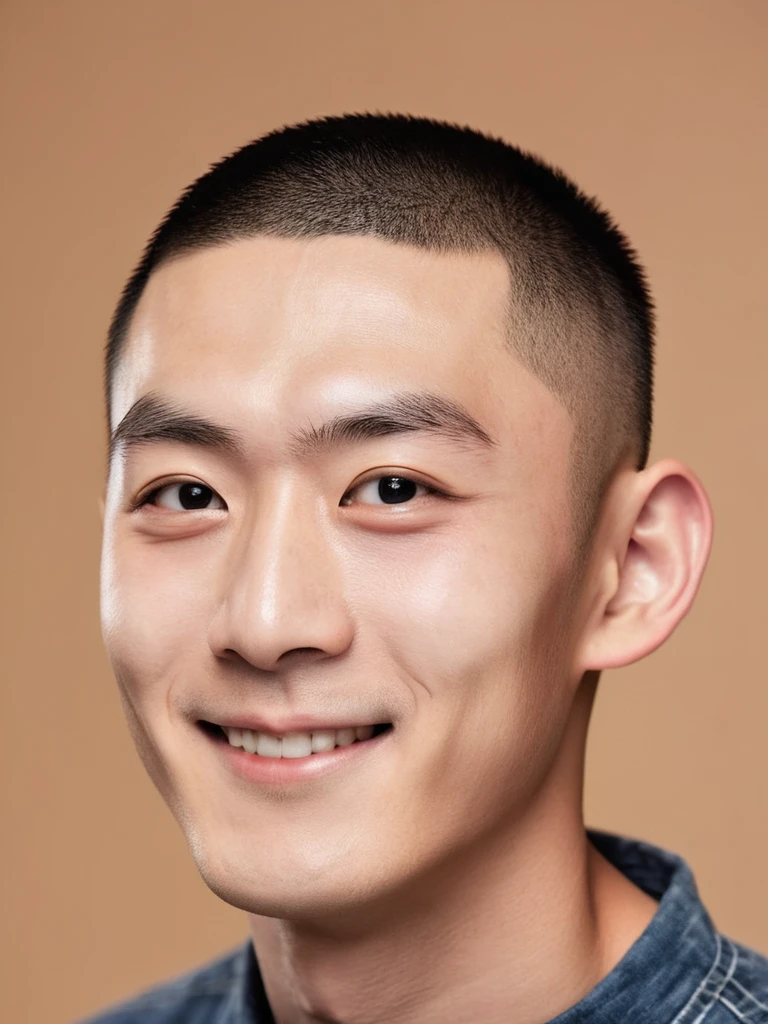 ,Hairstyle is skinhead。long eyelashes、Smiling Kindly。Deep moat。A boy facing forward with big, sexy eyes who resembles the Japanese actor Sho Hirano.。The eyebrows are neatly trimmed。