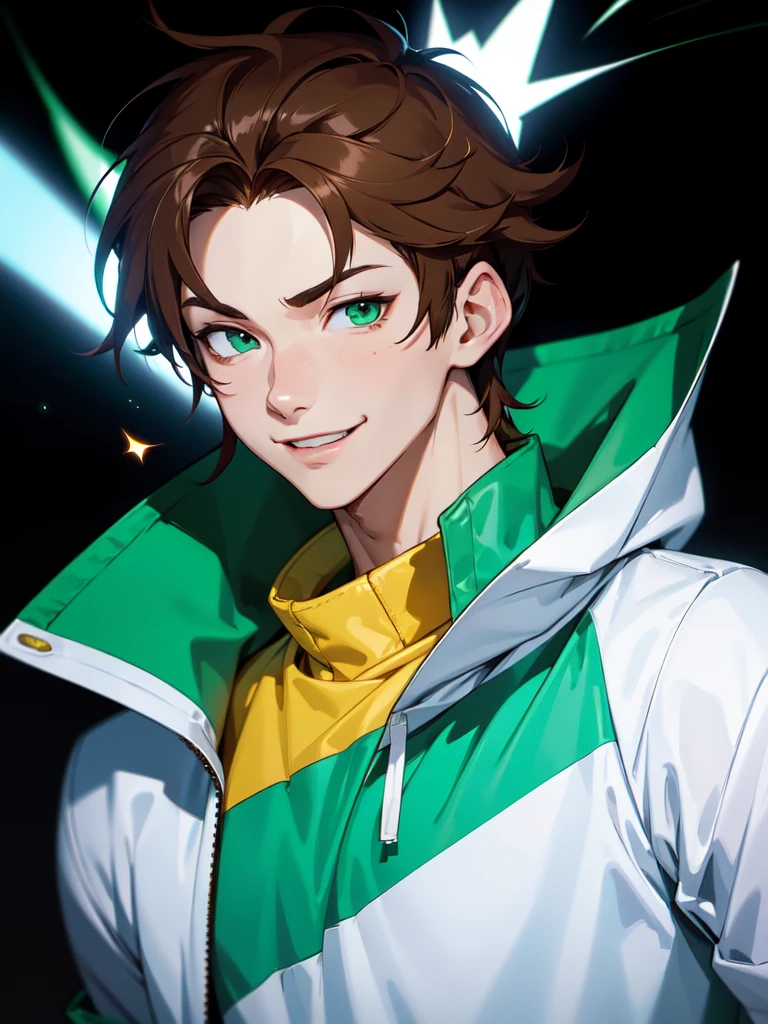 (((Portrait Photo))), He has a Youthful and Energy Appearance of a ager, with a Slim and Lively Build that Radiates Vivacity. His Short, Straight Brown Hair is Stylishly Cut, with Bangs that Gracefully Frame His Forehead, Highlighting His Features with a Touch of Modern Flair. His Bright, Emerald Green Eyes, Filled with a Spark of Enthusiasm and Joy, Giving His a Cheerful Aura. He is Dressed in a Trendy Outfit Consisting of a Baggy Sports Jacket and a White T-Shirt, Creating a Bold Contrast that Emphasizes His Dynamic and Playful Personality. His Expression is Friendly and Welcoming, with a Slight Smile that Conveys a Sense of Confidence and Approachability. (((High Quality, Dark Background))), (((Portrait Photo)))