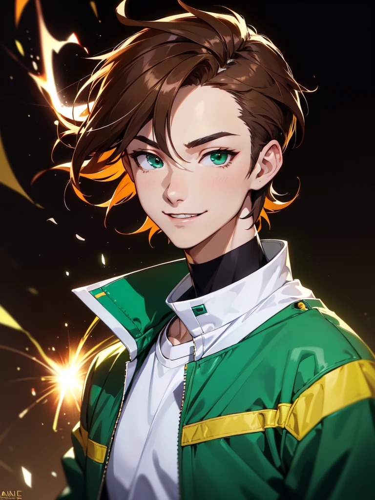 (((Portrait Photo))), He has a Youthful and Energy Appearance of a Teenager, with a Slim and Lively Build that Radiates Vivacity. His Short, Straight Brown Hair is Stylishly Cut, with Bangs that Gracefully Frame His Forehead, Highlighting His Features with a Touch of Modern Flair. His Bright, Emerald Green Eyes, Filled with a Spark of Enthusiasm and Joy, Giving His a Cheerful Aura. He is Dressed in a Trendy Outfit Consisting of a Baggy Sports Jacket and a White T-Shirt, Creating a Bold Contrast that Emphasizes His Dynamic and Playful Personality. His Expression is Friendly and Welcoming, with a Slight Smile that Conveys a Sense of Confidence and Approachability. (((High Quality, Dark Background))), (((Portrait Photo)))