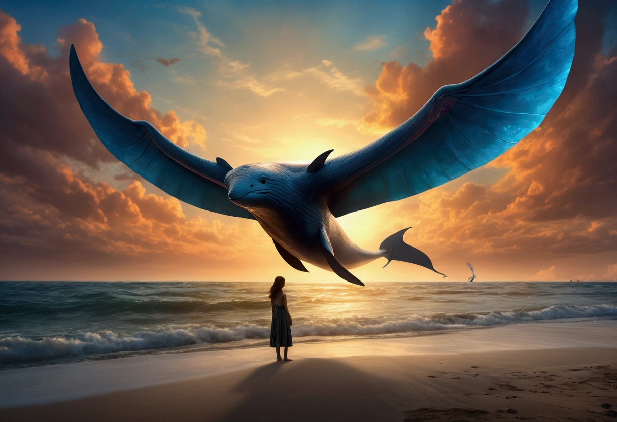 A sky whale, enormous wings, a woman lying on the beach watching its majestic flight, dreamy skies, (best quality,8k,highres,masterpiece:1.2),ultra-detailed,(realistic,photorealistic,photo-realistic:1.37),HDR,UHD,studio lighting,ultra-fine painting,sharp focus,physically-based rendering,extreme detail description,professional,vivid colors,bokeh,fantasy,surreal,cinematic,dramatic lighting,glowing,volumetric lighting,atmospheric,moody,cinematic composition,dramatic perspective