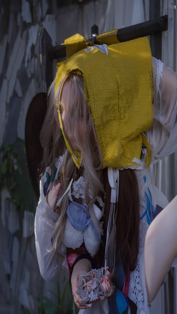 Masterpiece, Superb Piece, Daytime, Outdoor, Falling Flowers, White Dress, 1 Girl, Perfect Woman, Silver and White Long Haired Woman, Gray Blue Eyes, Pale Pink Lips, Cold, Serious, Bang, Purple Eyes, White Clothes, Black Clothing Lines, Delicate Face, Exquisite Face, Standing Bow, Tassels, Happiness Knot, Smile