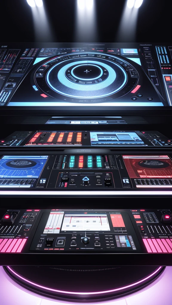 Create an image of a digital DJ interface combining a touchscreen controller with a digital mixer. The touchscreen displays waveform visuals, effects controls, and track libraries, while the mixer interface includes virtual faders and knobs for adjusting sound parameters.