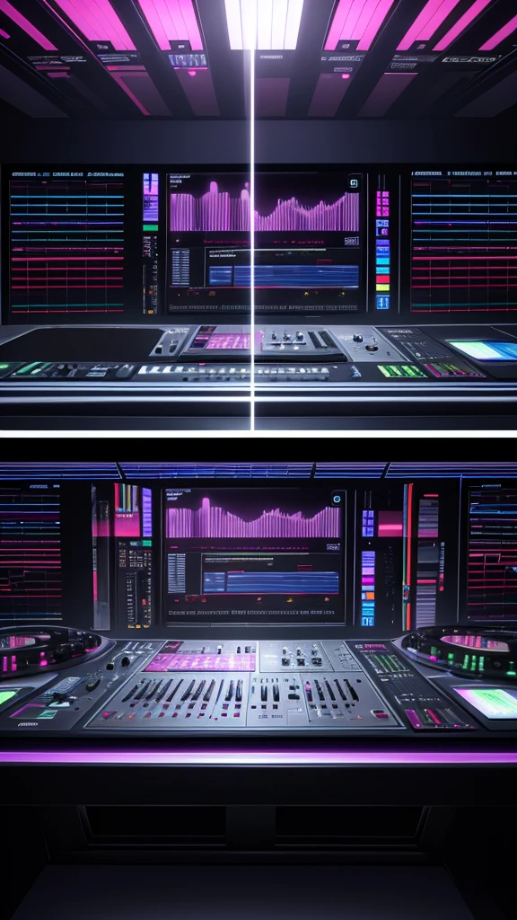 Create an image of a digital DJ interface combining a touchscreen controller with a digital mixer. The touchscreen displays waveform visuals, effects controls, and track libraries, while the mixer interface includes virtual faders and knobs for adjusting sound parameters.