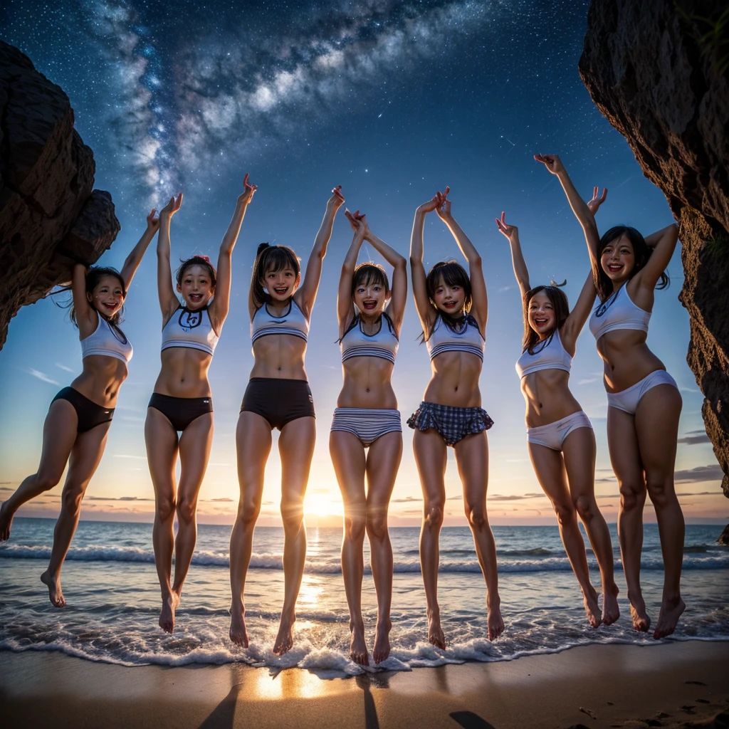  Masterpiece of ProfessionalPhoto ((ExtremelyDetailed (12 PICHIPICHI KAWAII Girls Floating in The Air in a row:1.37) in WHITE at Dusk Enoshima Beach)), {(Standing Full Body:1.2)|(from below:1.2)|Detailed KAWAII face}, Different types of hair colors, {(skinny(school swimwear))|(SchoolUniform)with Skinny AthleticShorts}, {(Corrected Childish hand)|Hidden hand|Different types of breasts|(Clearly Visible the shape of Butt)}, Joyful Expressions LifeLike Rendering, PerfectLighting, (Dazzling Horizon Visible through ThighGap), (Starry IridescentParticles:1.22) ColorfulClouds