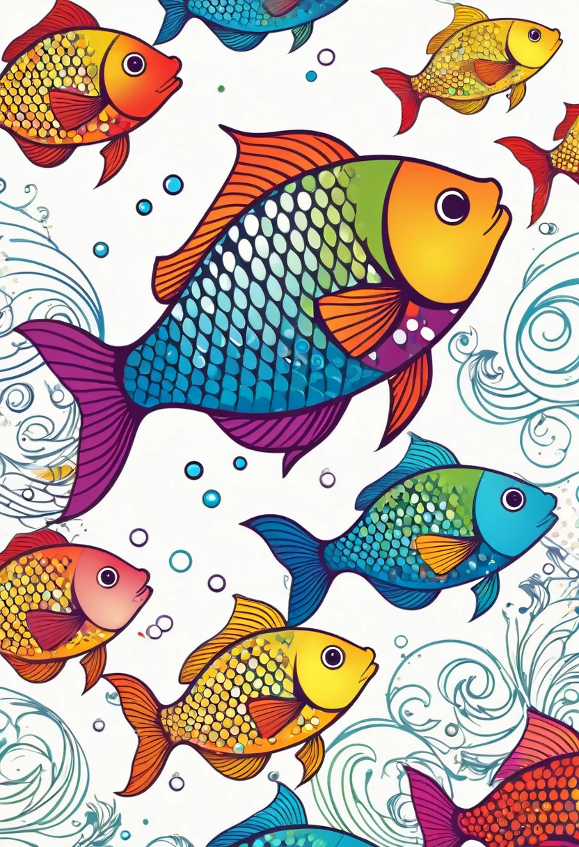happy multicolored fish, Line and dot style, Contour, vector, White background