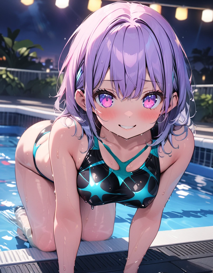 (Best quality, 8k, 32k, Masterpiece, UHD,:1.2),RAW, human, 1girl,ultra cute , ultra cute, natural lighting, transparent shining eyes, 20yo, medium breast ,femur, fair complexion , flushed face, Beautiful, smile, gravure idol swimsuit, sprawl, Night Pool, Soft breasts, Shy laughter, sexy pose, (all-fours), Sexy knit bikini, Provocation Pose, inside pool, ((From Behind)), wet, wedgie, wet hair,