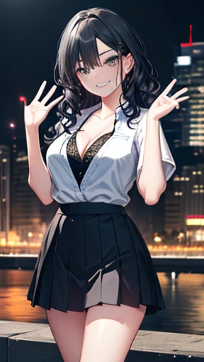((Biologically correct limb count))、(( whole body including face))、4K、Masterpiece、((Focus on the face))、((Symmetrical, well-proportioned facial features))、Eyes with delicate depictions、(((1 person)))、Beautiful woman、Outstanding style、Slender Body、(High heels with anklets)、(((Black jacket、blazer、shirt、Checked Skirt、stockings))、(((Huge fountain with white framed photo)))、(Shy、smile)、Upper body close-up、(Sidelong glance)、High angle、night、