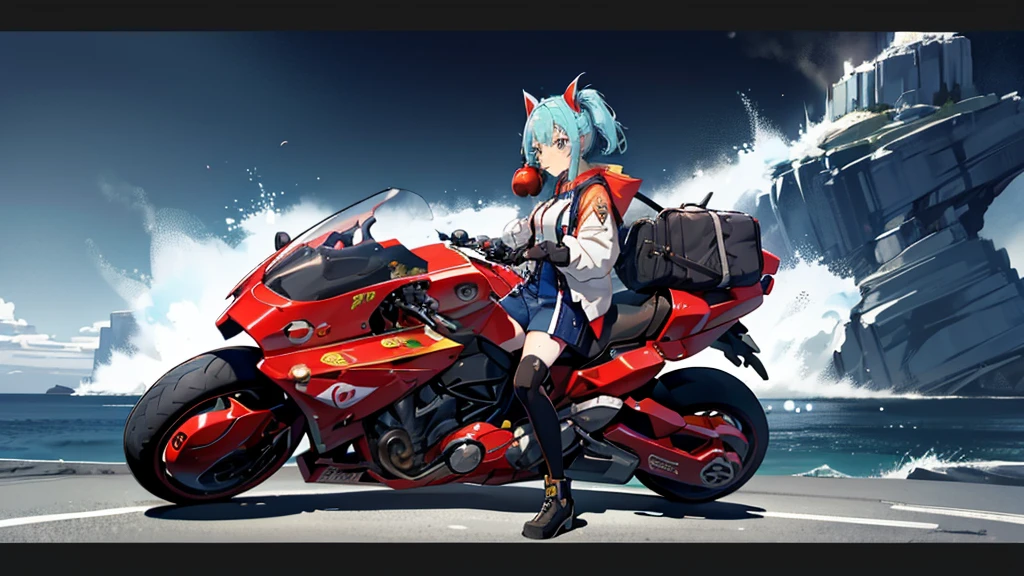 Wearing a souvenir jacket、woman、Eating an apple、Night Port、Embarrassed expression、Motorcycles of the future、masutepiece、The color of the bike is yellow、 light blue hair, ear blush, full blush, 顔をはっきりと描いて, 海の見える港, anime, cinematic lighting, UHD, highres, best quality, 8k