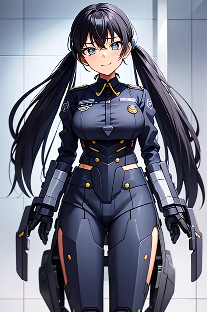 Mecha Wings、黒いskirt、Accentuated thighs、chest、Beautiful black hair、1 girl、solo girl、IS、Frame Arms Girl、Alice Gere Aegis、armor、Pink Line、income、headphone、hand on own chest、smile、Miike Naeko,One girl,alone,police,police uniform,uniform,policewoman,skirt,tie,Twin tails,Black Hair