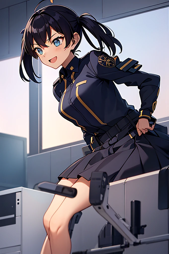 Mecha Wings、黒いskirt、Accentuated thighs、chest、Beautiful black hair、1 girl、solo girl、IS、Frame Arms Girl、Alice Gere Aegis、armor、Pink Line、income、headphone、hand on own chest、smile、Miike Naeko,One girl,alone,police,police uniform,uniform,policewoman,skirt,tie,Twin tails,Black Hair