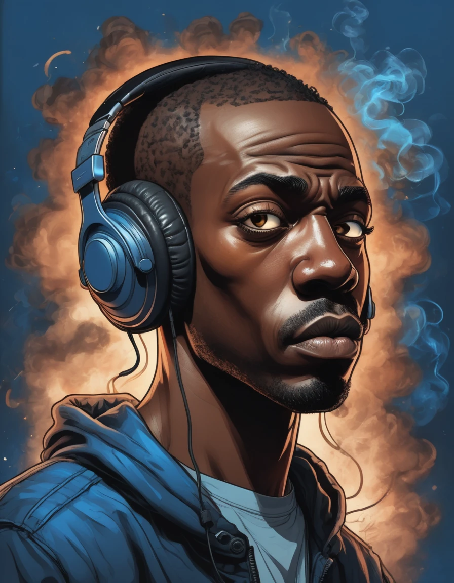 breathtaking vector cartoon illustration of shawt a black man ,wearing headphones, in a room full of smoke ,Anastomosing, Electric Blue, galactic, Ivan Albright, Sick, mean expression, twinkling eyes, and a bald head