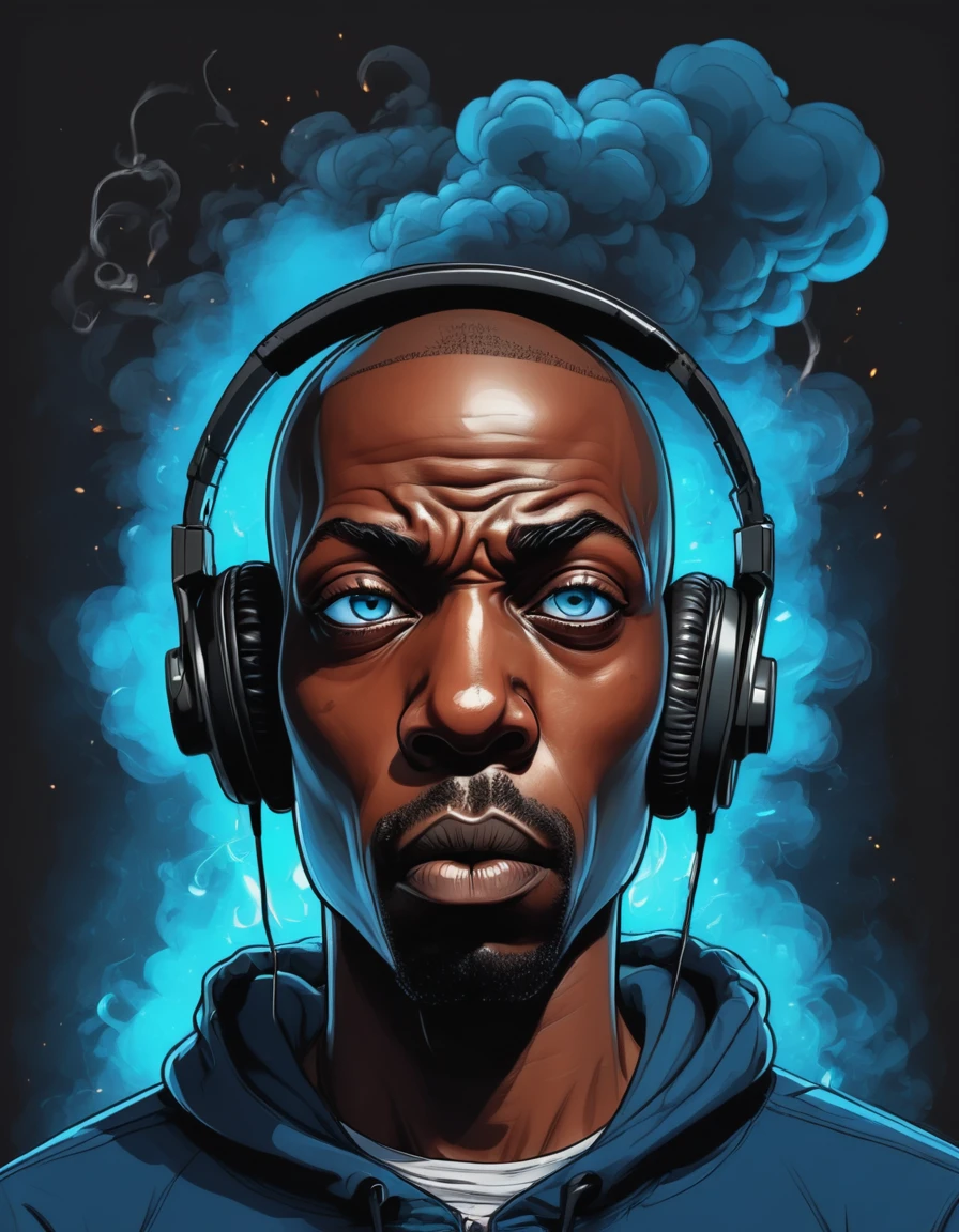 breathtaking vector cartoon illustration of shawt a black man ,wearing headphones, in a room full of smoke ,Anastomosing, Electric Blue, galactic, Ivan Albright, Sick, mean expression, twinkling eyes, and a bald head