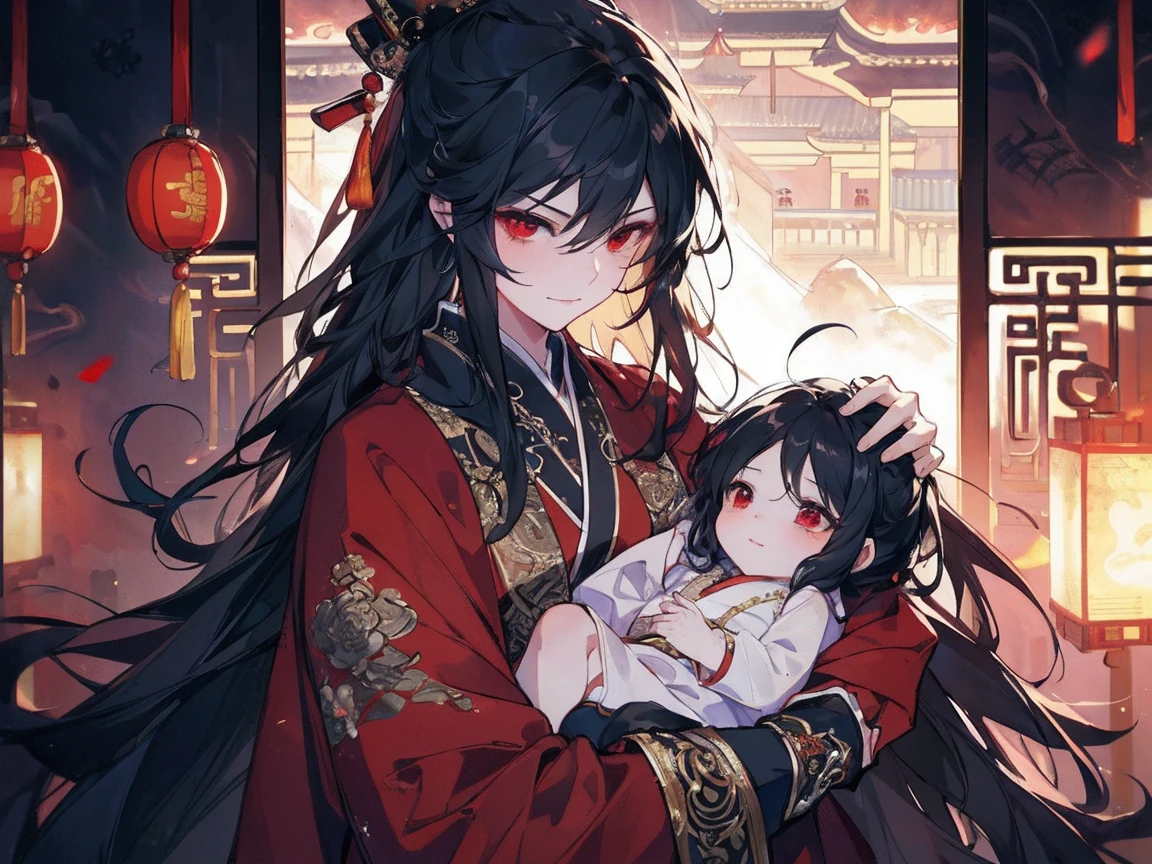 (extremely detailed 8K wallpaper),(ultra-detailed),(best quality),(masterpiece),(highly detailed),(cinematic lighting),(Original),Cold ligh,moody,(Chinese elaborate-style painting ),ink style, black hair, red eyes, sweet smile, sad face, holding her little baby