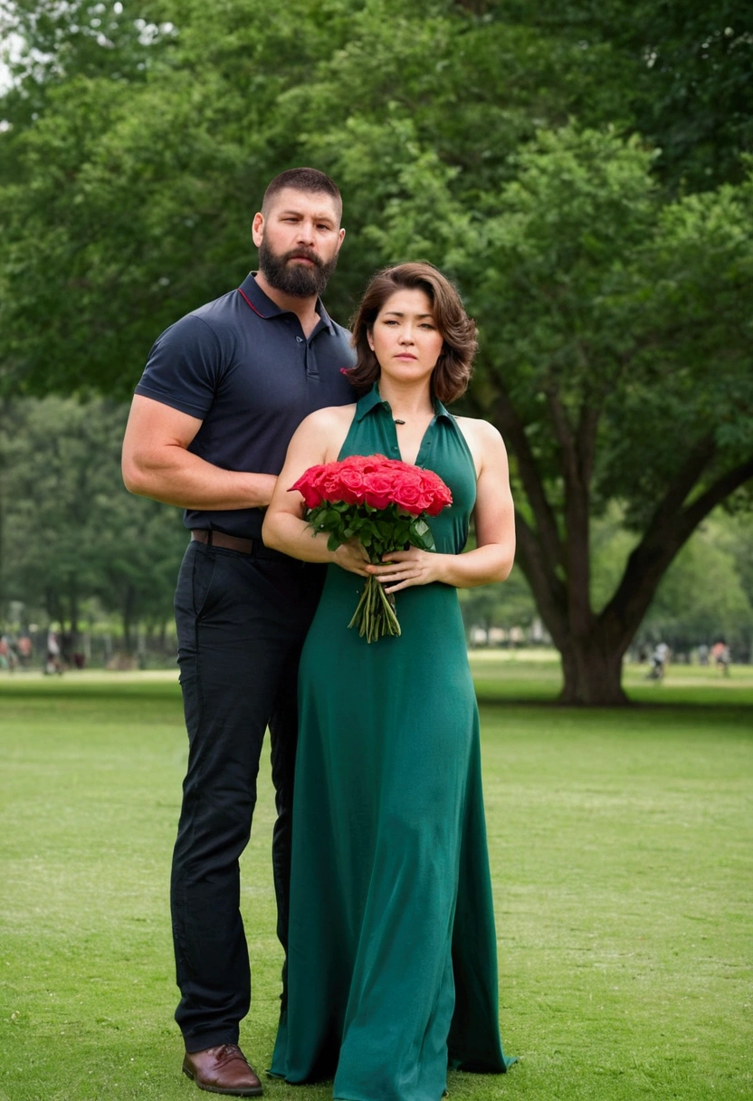 A beautiful, middle-aged woman with brown hair, a long green dress, a quince belly, a plump and beautiful body, is holding a bouquet of roses and next to her is her muscular young boyfriend with a greasy polo collar and black shaved hair and a beard. They are taking photos in the park. men are taller than women
