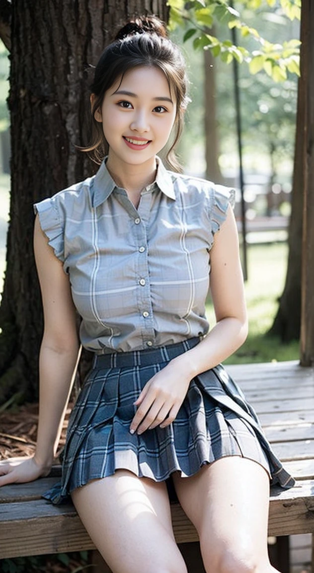 Highest quality, 1 beautiful woman, 28 years old,  Large breast bulges, s, 35mm lens, F/1, Cowboy shot, Specific Background、(A girl in the forest), Perm、sweat　((light gray shirt)), sleeveless,((Short plaid pleated skirt:1.3))，(a charming smile:1.2), White shoes，Perfect proportion，Sexy pose,