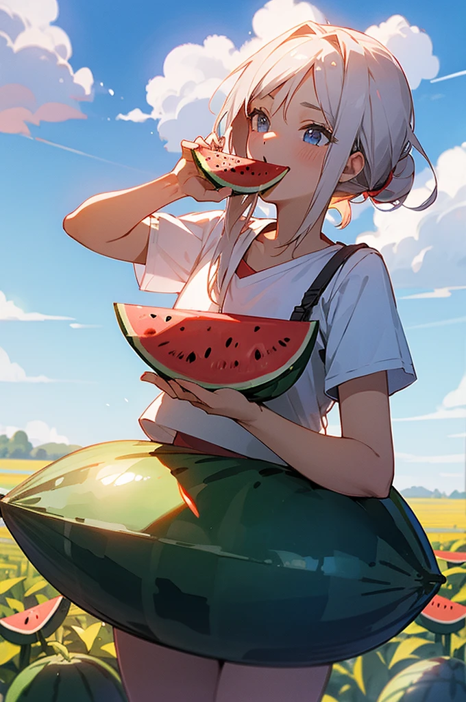 summer,sunny,Blue sky,White Cloud,r eating watermelon in the farmland,