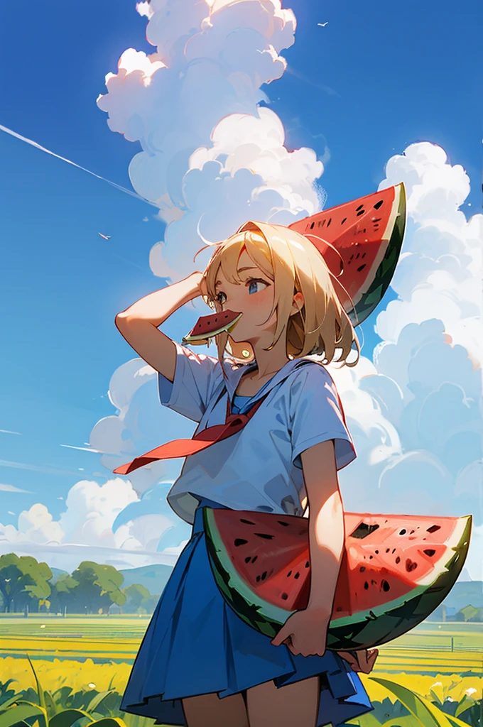 summer,sunny,Blue sky,White Cloud,ager eating watermelon in the farmland,