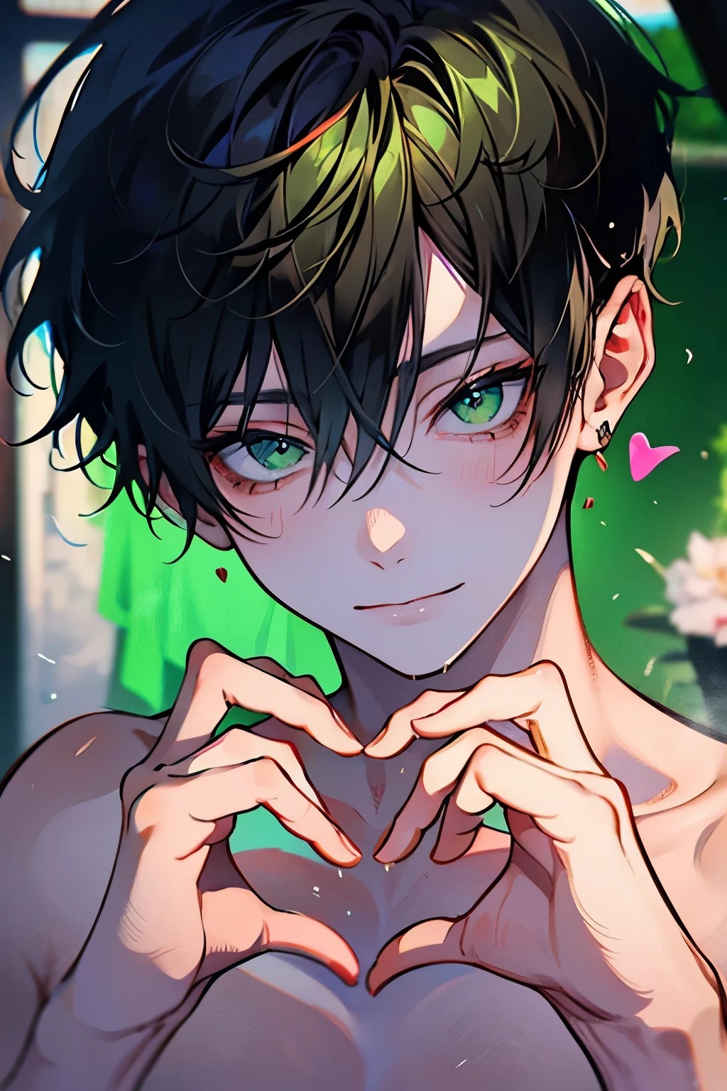 Beautiful young man,Beige hair, short hair, purple eyes, Wet hair, Wipe your hair with a towel, Top Naked, pecs, abs, After taking a bath, steam, sink,High quality, amount of drawing, pixiv illustration,(Angle from below),(Angle of incitement),cheeks are red,(smile),((hand to own mouth:1.2)),LOVE,Good finger,Perfect finger.
