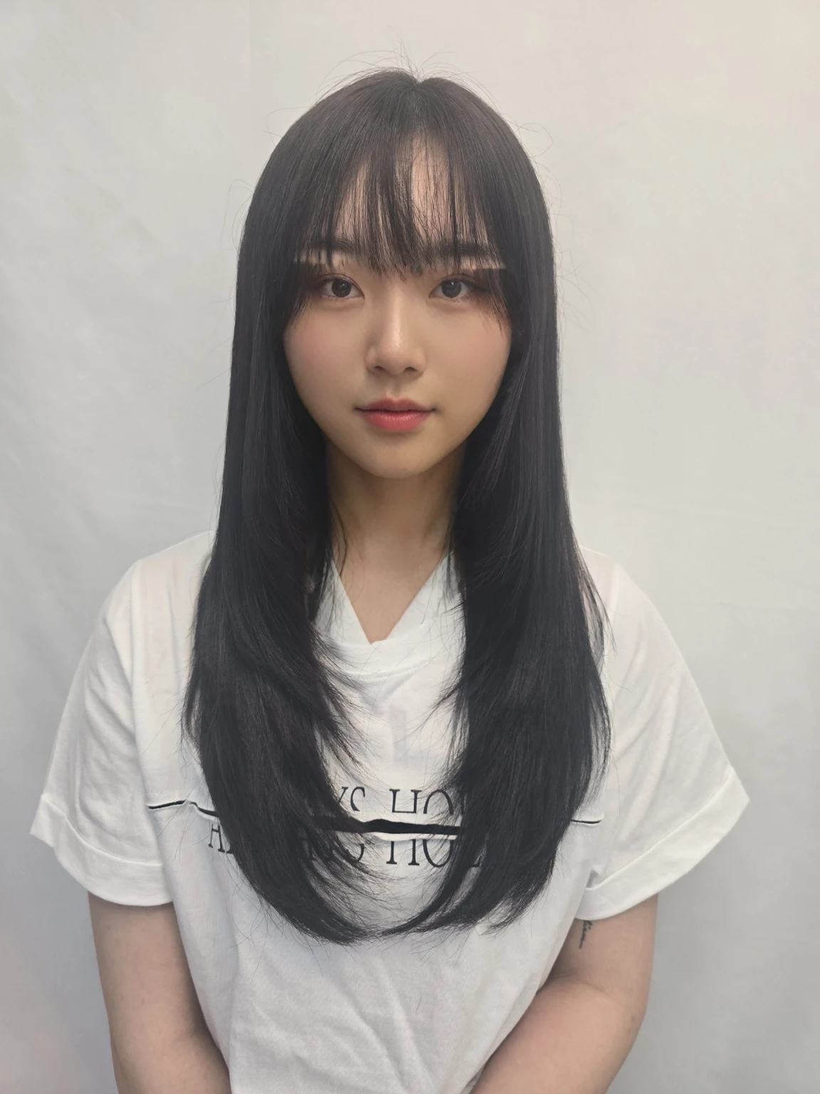Best Quality, 8k, Masterpiece, (Portrait: 1.3), (photo realistic:1.4), (hyper realistic:1.4), Sharp Focus, looking at viewer, (smoother lighting:1.1), (increase cinematic lighting quality:0.9), realistic lighting, backlighting, light on face, ray trace, (brightening light:1.2), (Increase quality:1.4), sharp detail, (best quality real texture skin:1.4), finely detailed eyes, black_eyes, finely detailed face, 25 year old Korean woman, (white formal_shirt:1.4), (Create an image maintaining the original base model hairstyle:1.5)