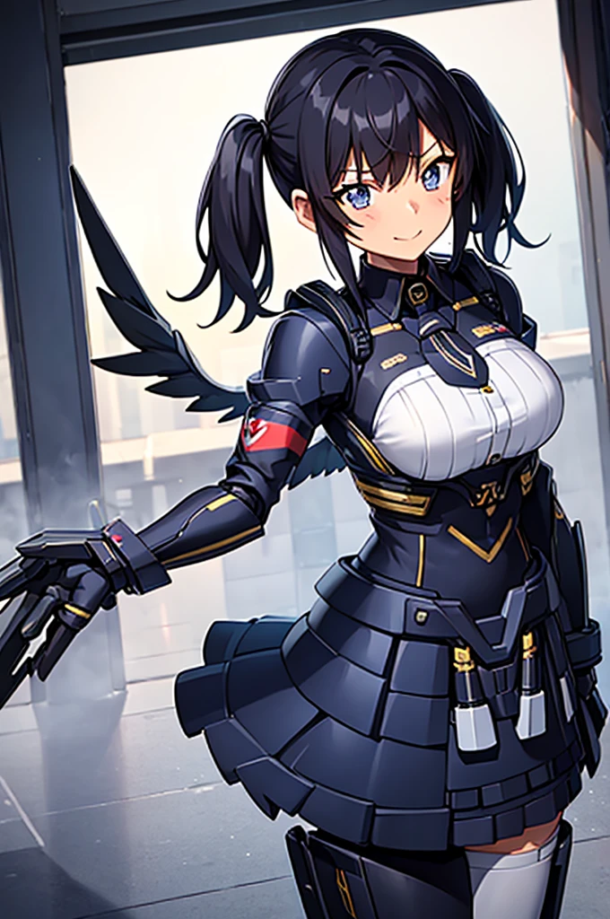 Mecha Wings、Black Skirt、Accentuated thighs、chest、Beautiful black hair、1 girl、solo girl、IS、Frame Arms Girl、Alice Gere Aegis、armor、Pink Line、income、headphone、hand on own chest、smile、Miike Naeko,One girl,alone,police,police ユニフォーム,police woman,tie,Twin tails