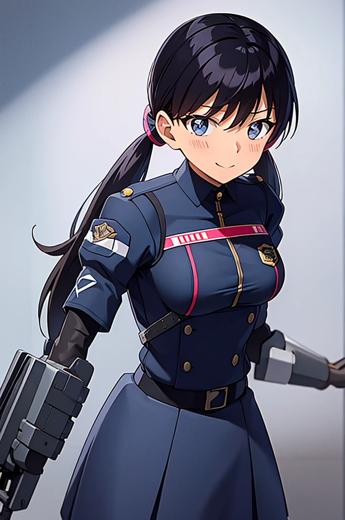 Mecha Wings、Black Skirt、Accentuated thighs、chest、Beautiful black hair、1 girl、solo girl、IS、Frame Arms Girl、Alice Gere Aegis、armor、Pink Line、income、headphone、hand on own chest、smile、Miike Naeko,One girl,alone,police,police ユニフォーム,police woman,tie,Twin tails