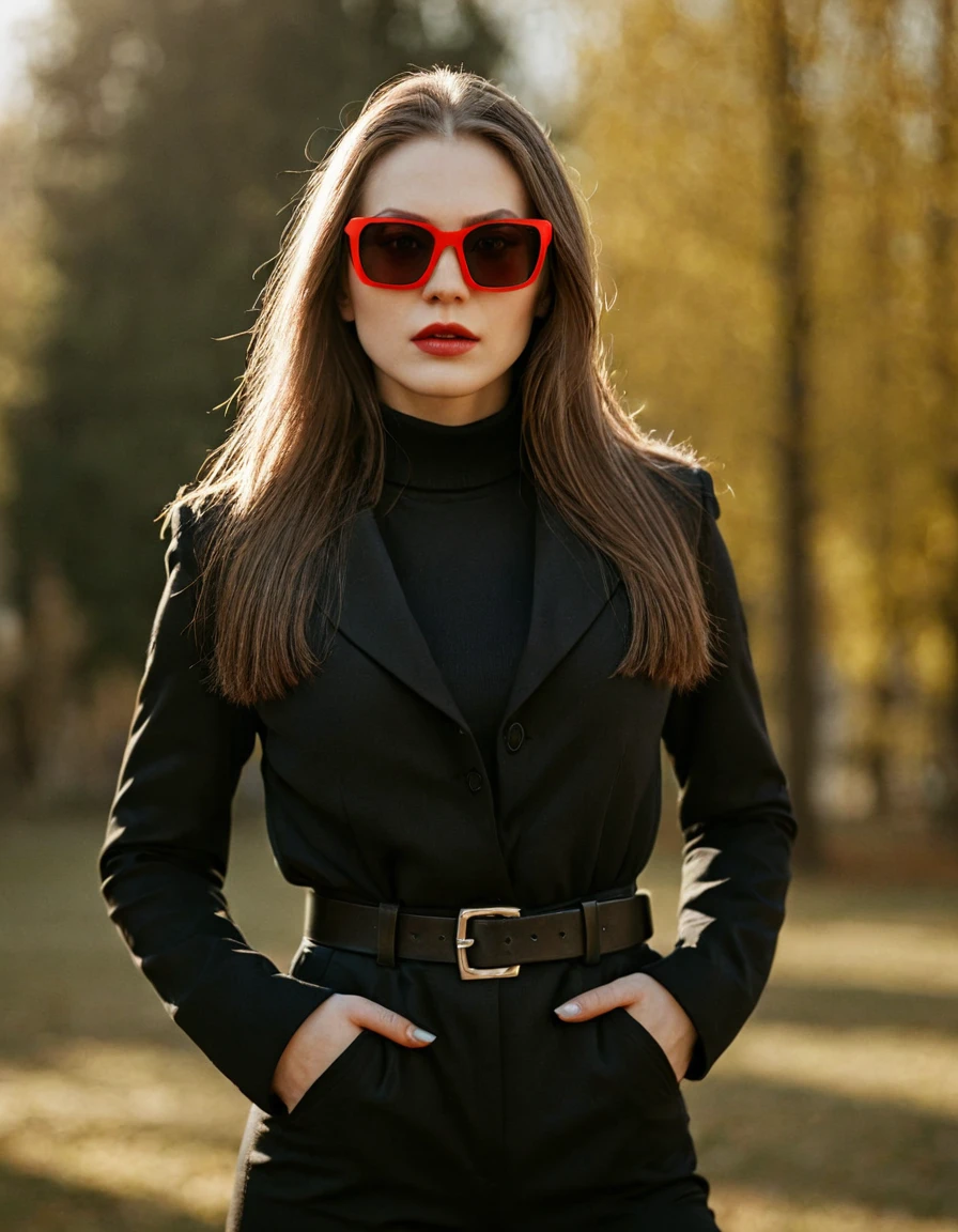 Photo, (sharp focus:1.2), (masterpiece), beautiful evil slavic muscular woman, pale skin, long hair, cinematic film still, stylish black and white photo, geometry, sunlight, feminine elegant girl in sunglasses with red glasses, black turtleneck, black jacket, wide black trousers, wide belt, (sharp focus on the face:1.3), (detailed), photographed on a Kodak box camera, (hyper realistic:1.4), lifelike texture, (intricate details, hyperdetailed:1.15) (skin texture:1.2), cinematic, professional, 4k, (((dynamic model pose))), sitting, full body, mesmerizing, dynamic, dramatic, dynamic pose, highly detailed skin with hair, subcutaneous veins, light and shadow play, highly detailed,24mm photograph, bokeh, professional, 4k,