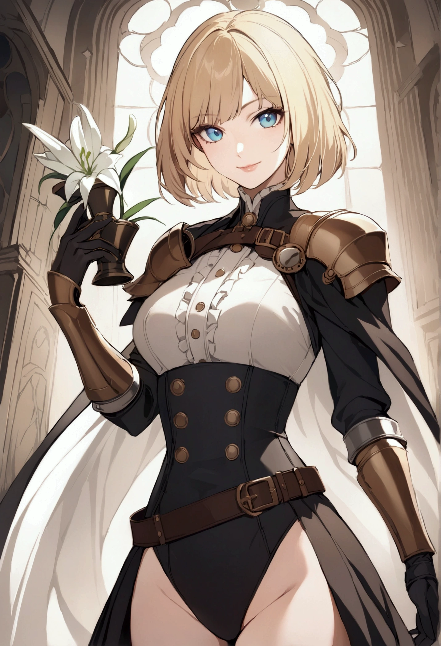 slender, female, steampunk,solo, blonde_hair, closed_mouth, holding, 1girl, blue_eyes, armor, shoulder_armor, gauntlets, gloves, knight, cape, belt, pauldrons, armored_dress, bangs, lips, short_hair, long_sleeves, dress, white_lily, looking_at_viewer,smile, light_smile,nblack_gloves, leotard, vambraces, buttonfine_art_parody