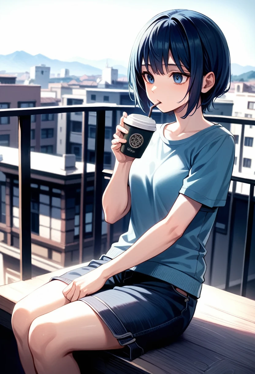 Lofi style, blue tone, blue hair, anime style,Wear comfortable clothes, drink coffee, leaning against the balcony , View from outside the house, The background is a room, UHD, masterpiece, anatomically correct, textured skin, best quality, 4k