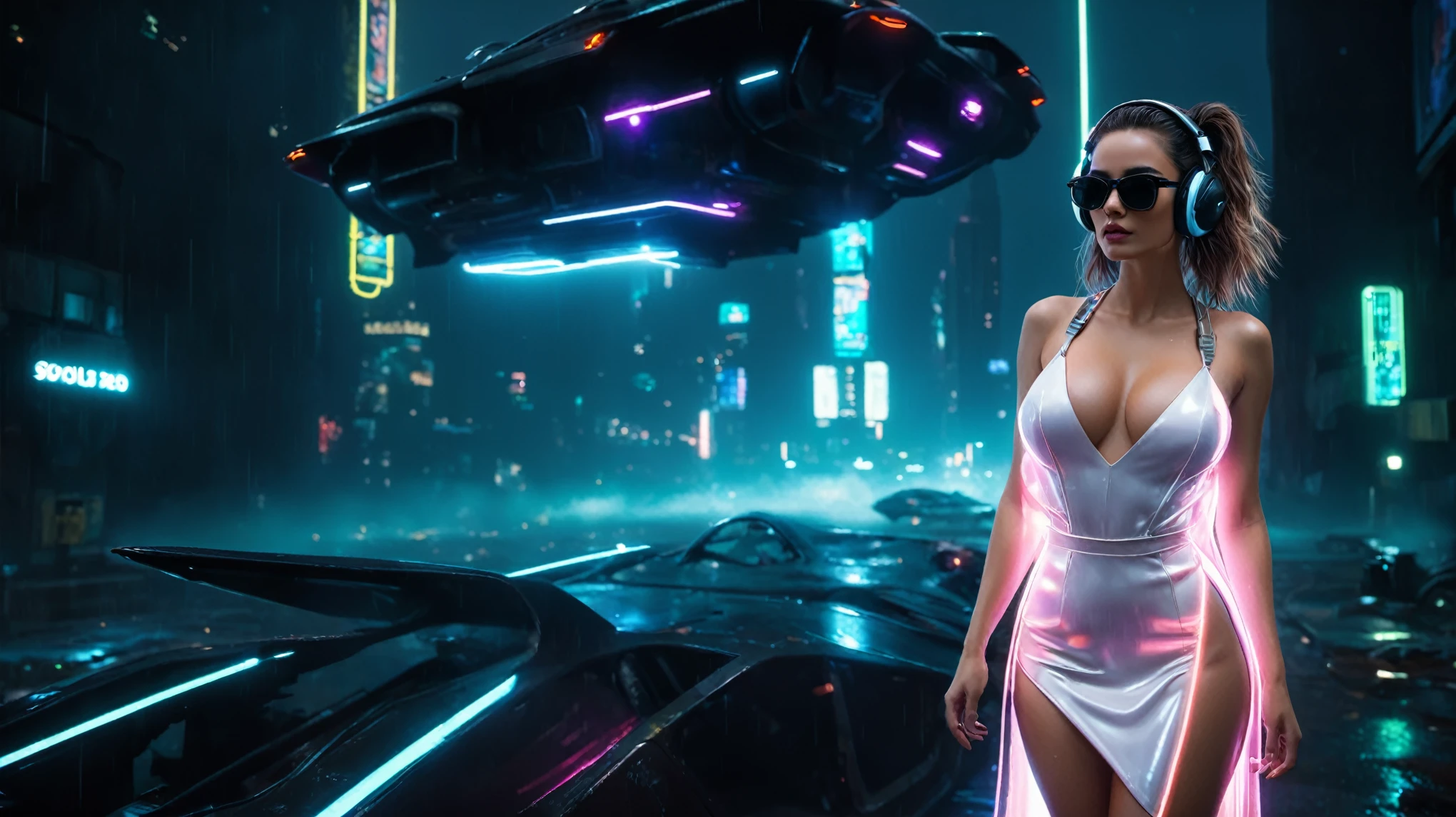 (aerial view, a flying cars docking platform, a very dark abandoned futuristic city, neon lights), rainy night. (((1girl, solo, alone))), large-breast:1.2 slim body, cleavage:1.1, sexy wind blowing wet dress:1.4, (((headphone, black sunglasses, standing and holding pistol:1.8, dynamic rushing pose))), (((((half-body thigh level medium shot))))), cinematic lighting, lens flare, ray tracing.