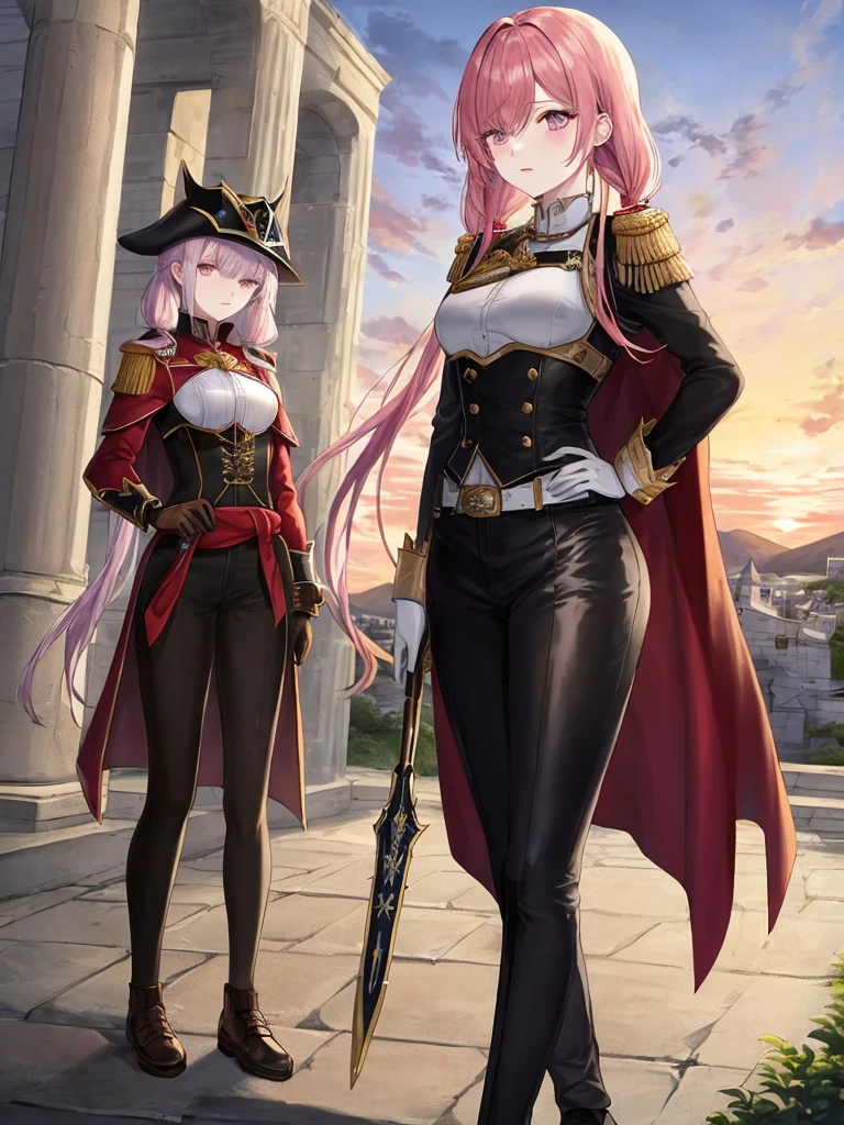 A world inspired by the Italian-Spanish Renaissance in the 16th century, davincipunk technology, in a castle, on the battlements, sunset, a plain, leading an army, arquebus on the back, falcata sheathed at the waist, sunset on the mountains, watching the invader disembark from large galleons, birds in the sky, imposing, proud, battle-hardened, a beautiful 21-year-old woman, /(16th century arquebusier's uniform: fitted button-down blouse, breastplate covering the torso, long leather cape, leather military shoes, brooches in the hair, gloves, helmet with a feather on top, cloth pants,), /(Pale white skin, extremely long pink hair combed in two pigtails and a lock over the left eye, violet eyes,), /(Hourglass shaped body, medium hips, medium waist, shapely legs, big chest, small hands, slender fingers, Greek nose, almond eyes,),