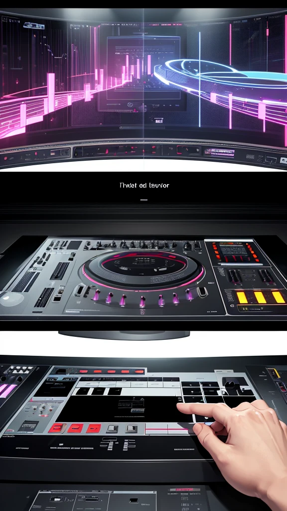Create an image of a digital DJ interface combining a touchscreen controller with a digital mixer. The touchscreen displays waveform visuals, effects controls, and track libraries, while the mixer interface includes virtual faders and knobs for adjusting sound parameters.