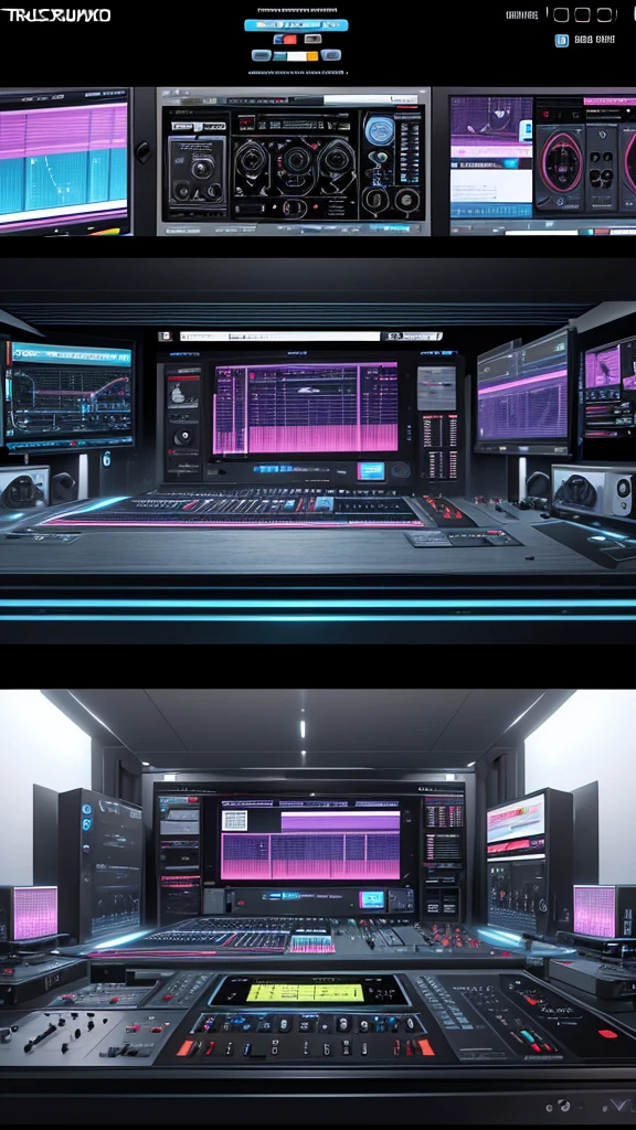 Create an image of a digital DJ interface combining a touchscreen controller with a digital mixer. The touchscreen displays waveform visuals, effects controls, and track libraries, while the mixer interface includes virtual faders and knobs for adjusting sound parameters.
