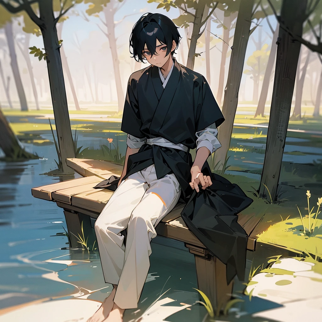 Boy between 16 and 17 years old, thin with straight black hair, typical asian, drained down. Big, dark eyes. He has a gentle and delicate appearance. He is in a relaxed pose sitting on a bench. He holds a piece of bread that has a bitten slice. He is chewing a slice of bread. Background, a typical interior landscape. He is looking at the camera with a surprised look, but light. The camera would be the perspective of the illustrated image.
