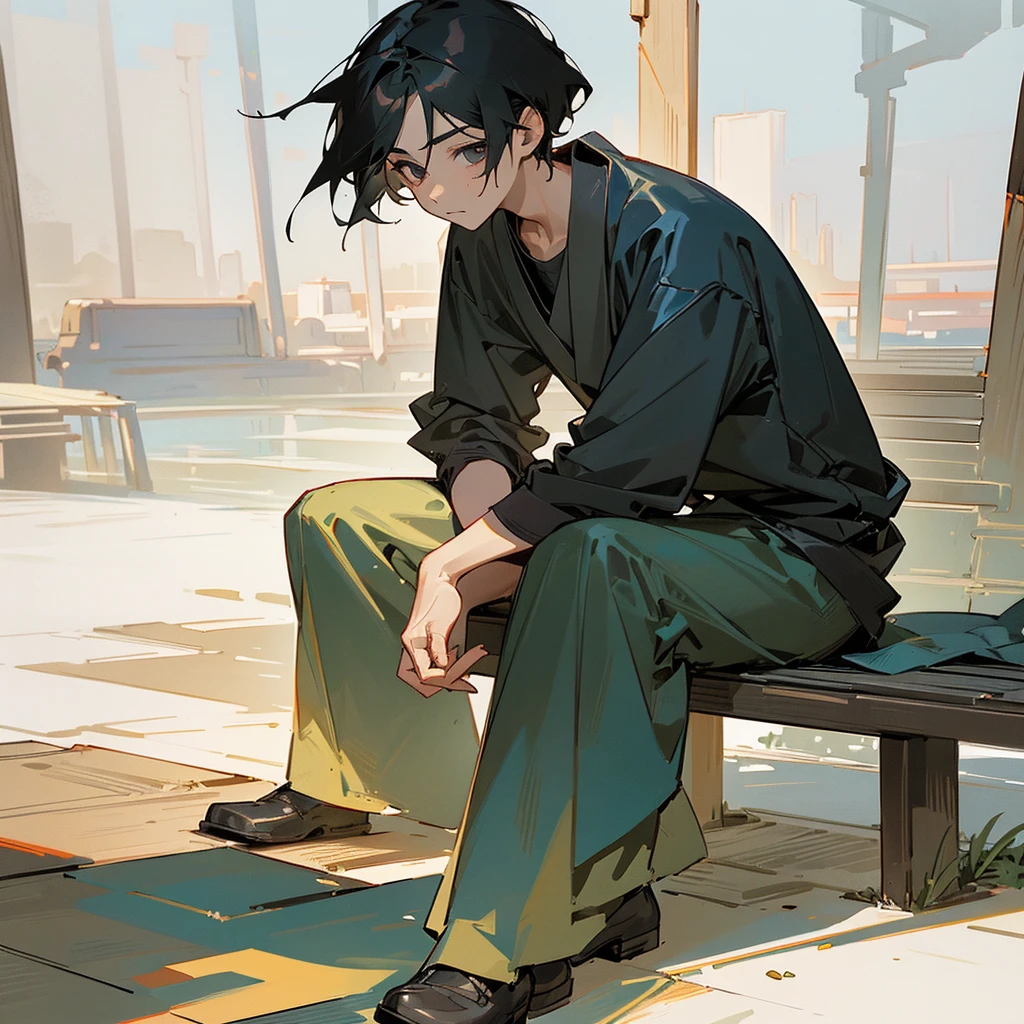 Boy between and 17thin with straight black hair, typical asian, drained down. Big, dark eyes. He has a gentle and delicate appearance. He is in a relaxed pose sitting on a bench. He holds a piece of bread that has a bitten slice. He is chewing a slice of bread. Background, a typical interior landscape. He is looking at the camera with a surprised look, but light. The camera would be the perspective of the illustrated image.