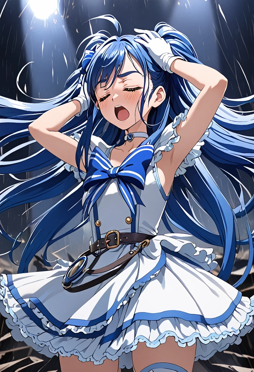 cure white,mini skirt,white choker, Thigh straps,elbow glover,detailed hair and costume, long flowing blue hair, white and blue frilly dress, white gloves and boots, holding her ears with both hands, blushing cheeks, in pain, suffering from enemy's sonic attack, dynamic and intense scene, background with sound waves,closed eye,masterpiece, Highest quality,, Highly detailed background, Perfect lighting, (beautiful, Highest quality:1.1), masterpiece, Perfect Eyes, (beautiful), (erotic:1.2)