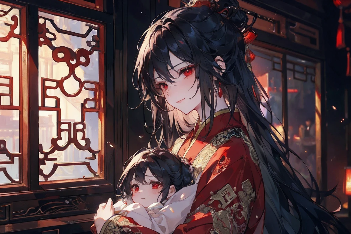 (extremely detailed 8K wallpaper),(ultra-detailed),(best quality),(masterpiece),(highly detailed),(cinematic lighting),(Original),Cold ligh，moody,(Chinese elaborate-style painting ),ink style, black hair, red eyes, sweet smile, sad face, holding her little baby