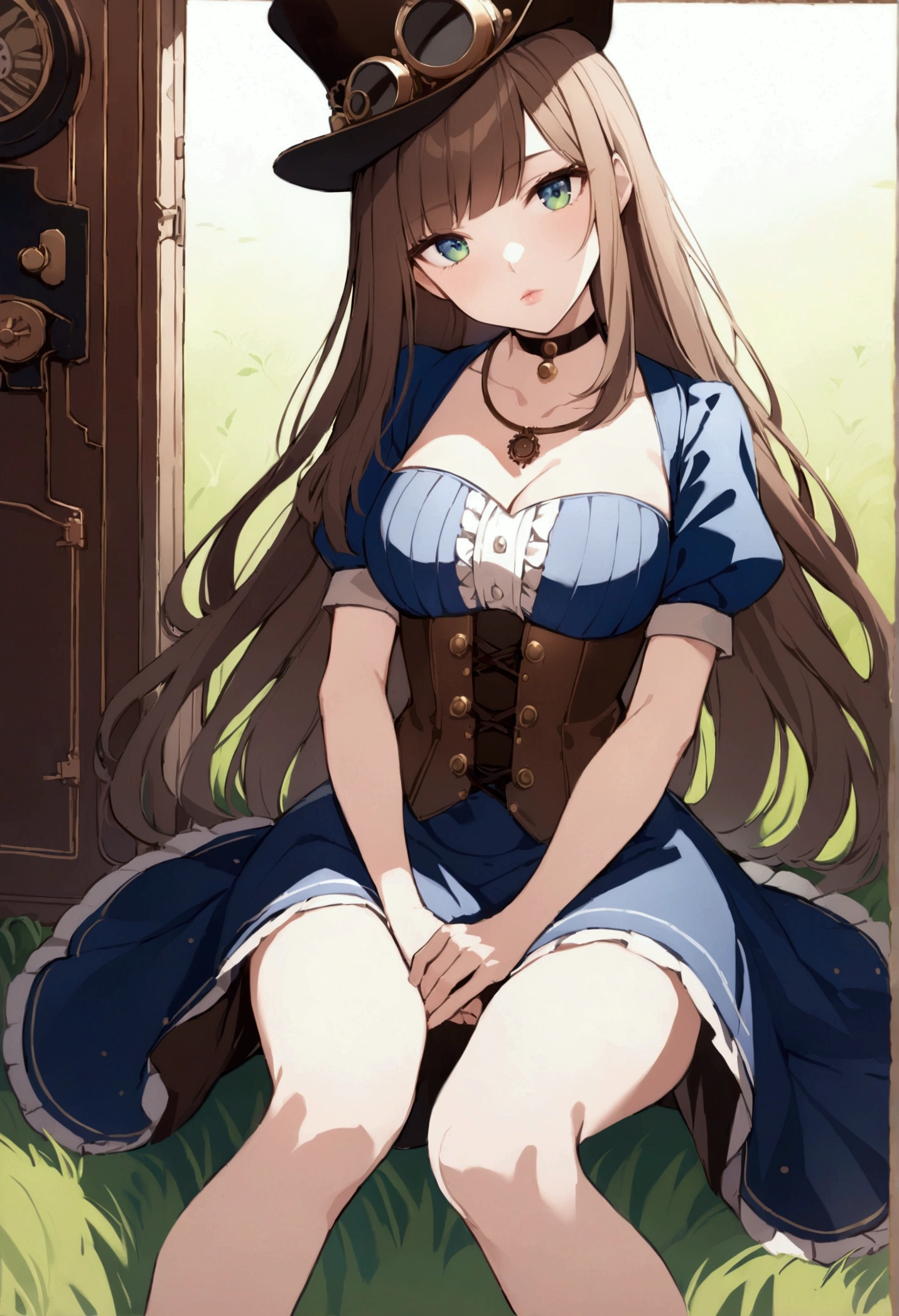 slender, mature female, steampunk,rating:safe, 1girl, solo, necklace, long_hair, short_sleeves, grass, sitting, dress, brown_hair, bangs, looking_at_viewer, outdoors, puffy_sleeves, closed_mouth, buttons, skirt, jewelry, hat, blue_dress, choker, bow, corset, puffy_short_sleeves, blue_eyes, swept_bangs, head_tilt, lips, blunt_bangs, green_eyes, hands_on_lap