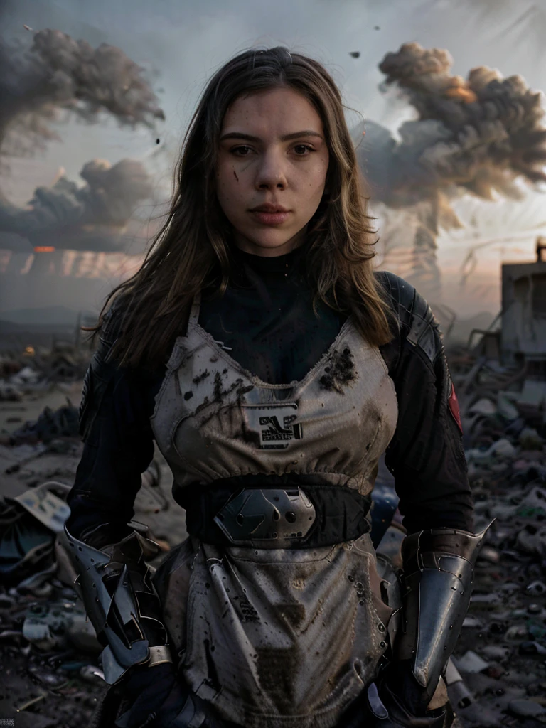 (highest quallity:1.3), cinematic shot, work of art, (sharp focus:1.5), (photorrealistic:1.3), portrait of 25-year-old actress Scarlett Johansson, breasts showing naked breasts, Dirty blonde long hair, dusty face, Dressed in the armor of the future, Contra o pano de fundo de um dusts-apocalipse desolado, céu no dusk cor alaranjado e denso, ruined ultra futuristic rounded buildings, futuristic architecture, ruins of a city, black leather gloves on hands, the wind, dust, Destroyed buildings, Burnt car skeletons, Oppressive atmosphere, Dirty orange skies, dusk, Photographic realism, sharp focus, Human bones and skulls are scattered everywhere, piles of garbage, Building debris, fall, photo 3/4, Realistic facial skin, Dust on clothes, Atmosfera opressiva, apocalypse, as realistic as possible