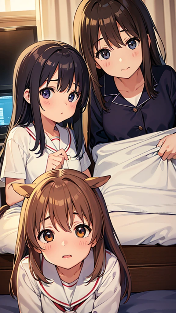 absurd resolution, high resolution, (Masterpiece: 1.4), super detailed, (((detailed face, detailed expression)), two girls, girl and girl, friends, best friends, classmates, relaxing, Horse tail, Beto, sitting on bed, Sitting on the ground, Two people talking, background in the room, friends, best friend, Home, 1k, small room, curtains, bed, TV, desk, room linen, Kyoto animation, The atmosphere of Kyoto Animation., (tearful)