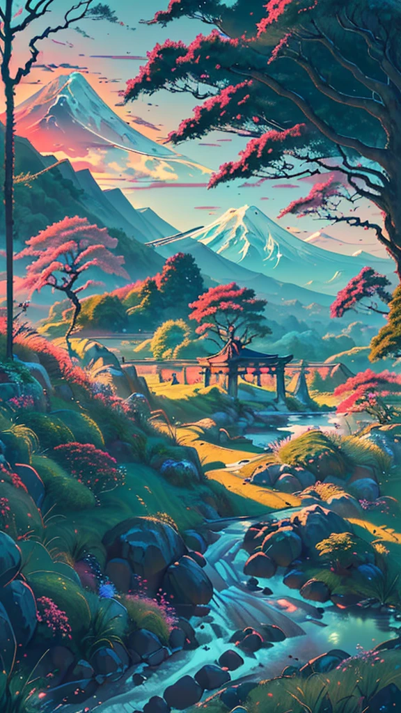 A Japanese valley unfolds with Mount Fuji in the background. Alongside vibrant grass, a slender road meanders, accompanied by the presence of tall trees, enhancing the serene beauty of the landscape.