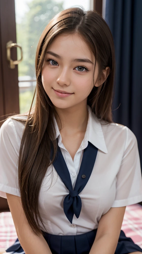 ultra realistic 1 europe ager girl, 16 and 17 yrope face, Scandinavian, cute face, deep brown hair, cute face, very white skin, soft blue eyes, soft smile, Good figure, quite slender, Breasts are small and quite sagging, Best Quality, a beautiful sixteen year old scandinavian girl in beedroom fuji resort japan, Detailed (hi-school uniform:1.3), (hi-school uniform with wide open chest:1.3), lying down or sitting with sexy poses, showing pussy, beautiful perfect detailed face, smiling innocently, long hair, nude, Breasts are small and quite sagging, wearing (hi-school uniform:1.3), (hi-school uniform with wide open chest:1.3), standing, lying, siting, ultra realistic pussy, detail sparse pubic hair, slightly soft brown pubic hair emphasizing on breasts, detailed eyes and lips, dynamic poses, Portrait, close-up photo of face, somewhere in japan near window, sunny day, somewhere in japan blackground , 35mm lens, best image quality, master piece, HDR, Depth of field, background blur, looking intensely at the viewer, photorealistic, highly detailed, 8k, masterpiece, Zoom in, Close up, camera from front