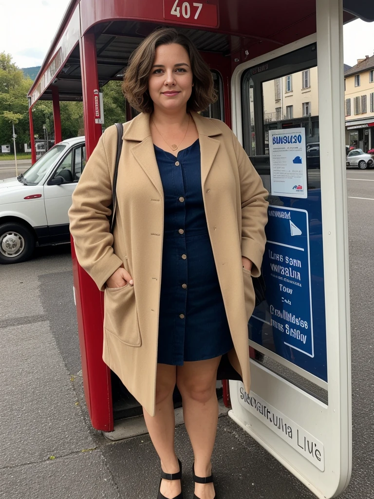 Madeline Lewis, 1girl, solo, (((consistent face and image))), ((brunette hair)), ((cranky hair)), ((40 years old chubby)), realistic, photorealistic, ((short hair)), (((Caucasian mature woman))), (Swiss woman), (Swiss nose), (Swiss thick lips), ((chubby)), posing outside the Iconic bus stop of France, smirking, standing, wearing In style in trend Generation-Z modern wear different colored, showing small uncanny teeth, leaning, standing