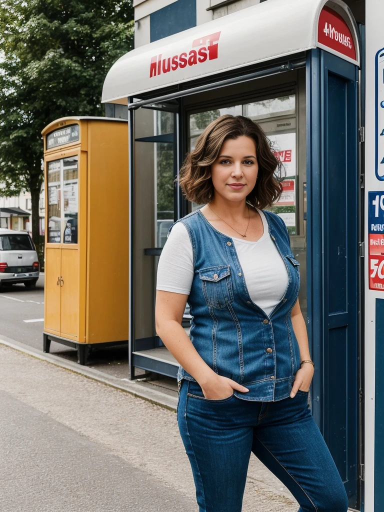 Madeline Lewis, 1girl, solo, (((consistent face and image))), ((brunette hair)), ((cranky hair)), ((40 years old chubby)), realistic, photorealistic, ((short hair)), (((Caucasian mature woman))), (Swiss woman), (Swiss nose), (Swiss thick lips), ((chubby)), posing outside the Iconic bus stop of France, smirking, standing, wearing In style in trend Generation-Z modern wear different colored, showing small uncanny teeth, leaning, standing