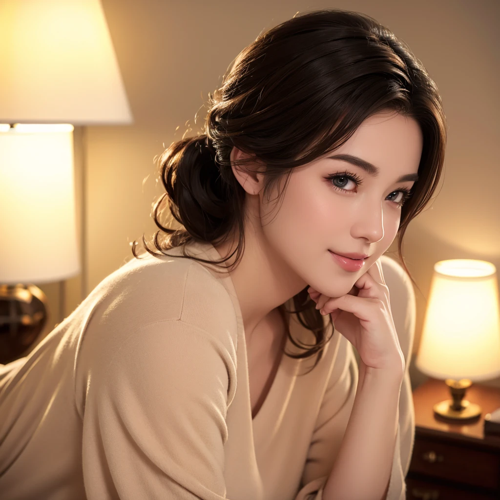 a gorgeous milf with rosy cheeks, smiling shyly, medium length hair in ponytail, casual sexy outfit, lover, private bedroom, dating, intimate, detailed face, beautiful eyes, lush lips, intricate hairstyle, warm lighting, soft focus, photorealistic, cinematic composition, romantic atmosphere, best quality, 4k, 8k, highres, masterpiece:1.2, ultra-detailed, realistic:1.37, HDR, UHD, studio lighting, ultra-fine painting, sharp focus, physically-based rendering, extreme detail description, professional, vivid colors, bokeh, portrait